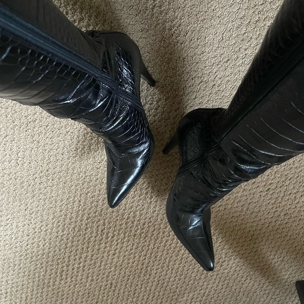 Prada Black Croc-Embossed Heeled Boots - Picture 5 of 10